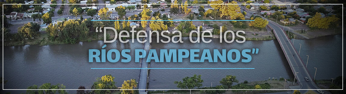Img: Defensa de los Ríos - Imágen de un Rio que atraviesa un pueblo Pampeano donde se ven árbboles y algunas casas. Se ve el ingreso al pueblo a traves de puentes.